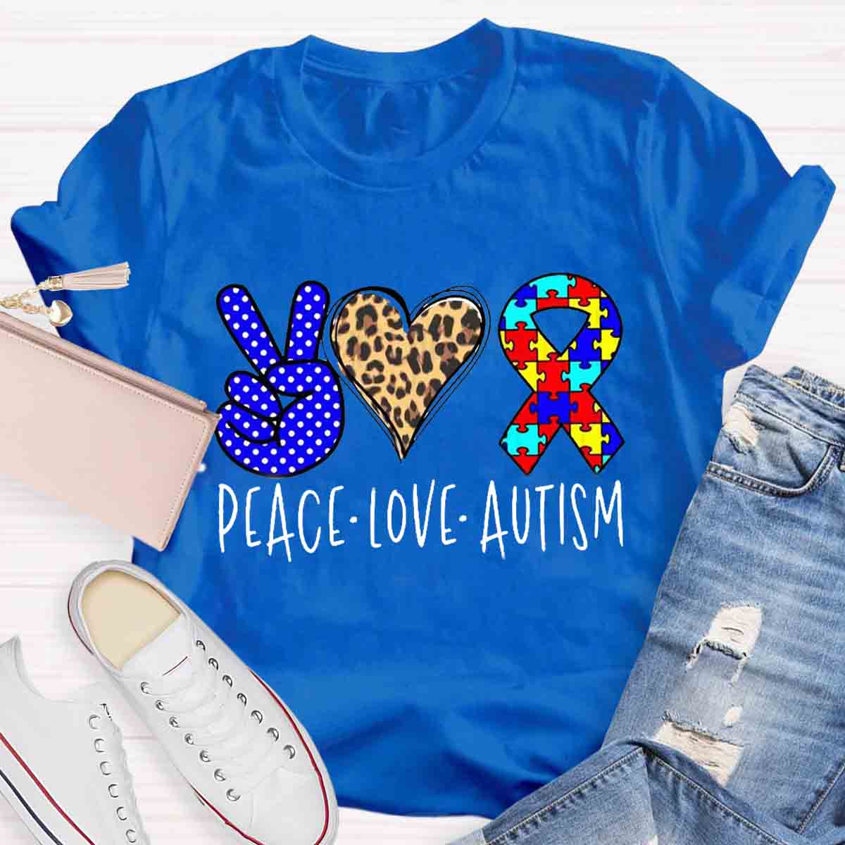 Peace love Autism Leopard Heart T-Shirt