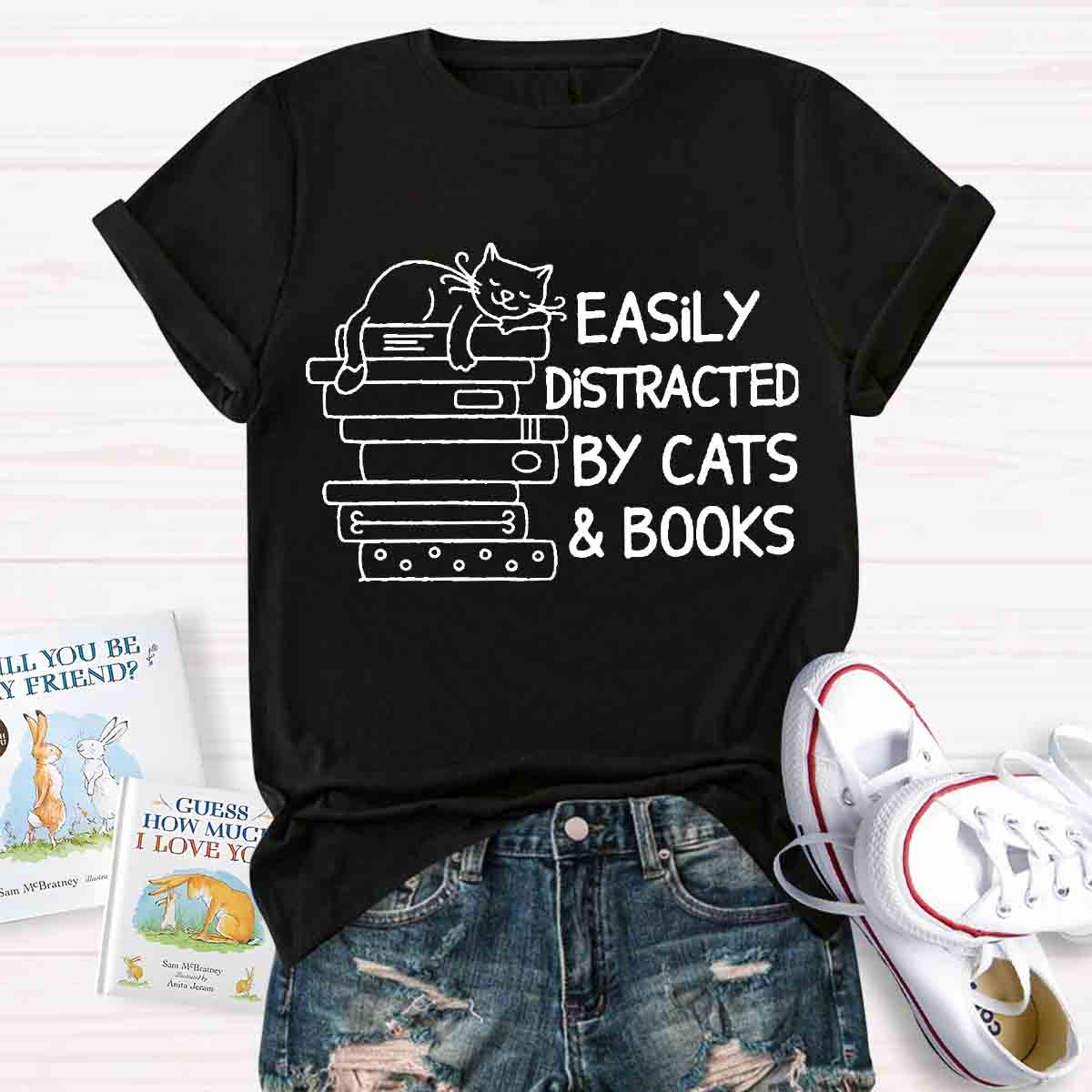 Easily Distracted By Cats And Books Teacher T-Shirt