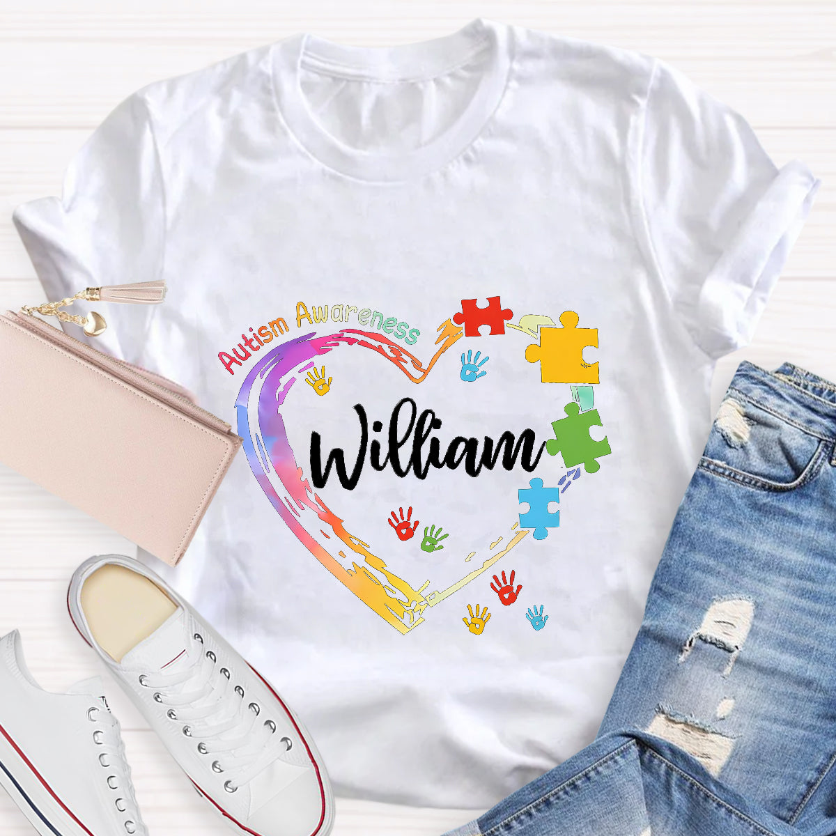 Personalized Name Autism Colorful Heart Teacher T-Shirt