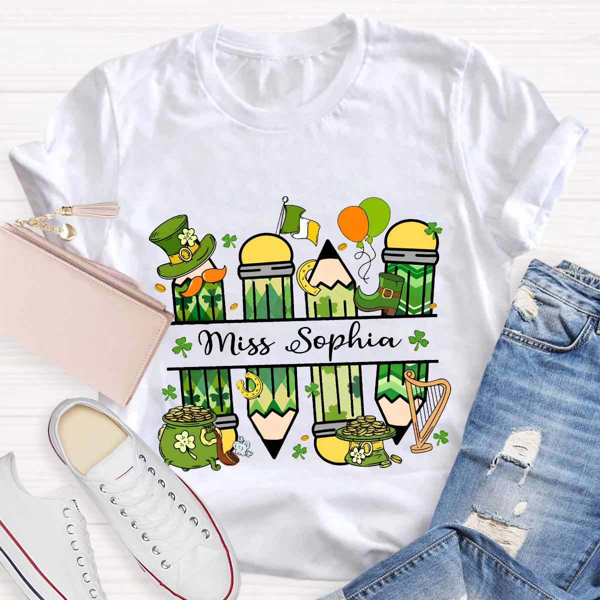 Personalized Name Green Pencil Teacher T-Shirt