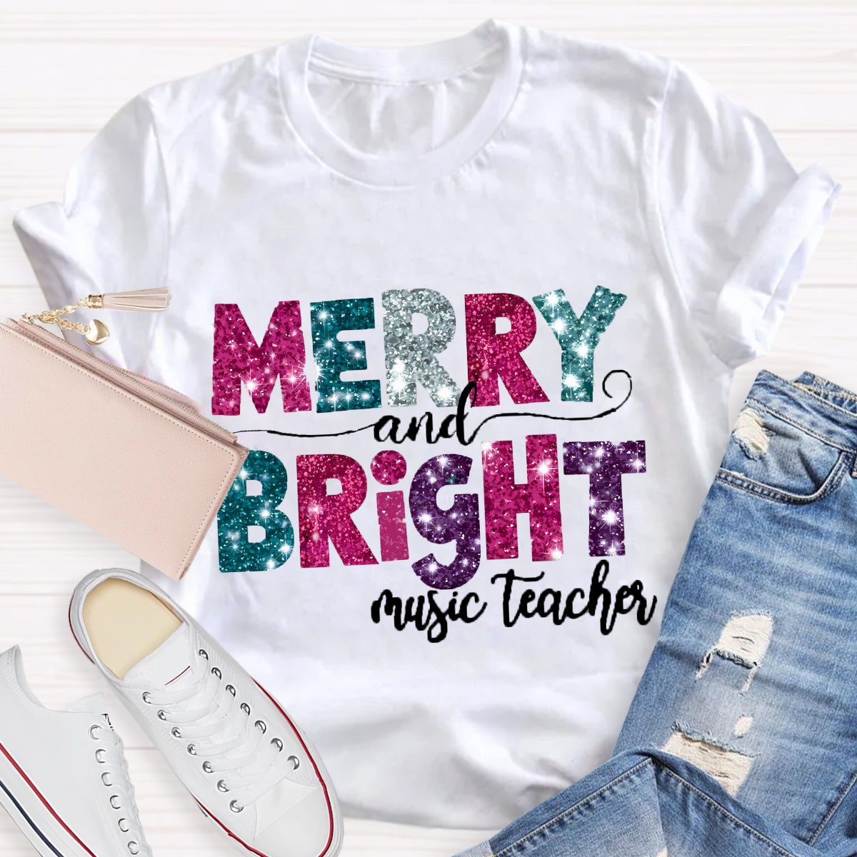 Personalized Subject Merry and Bright Teacher  T-Shirt