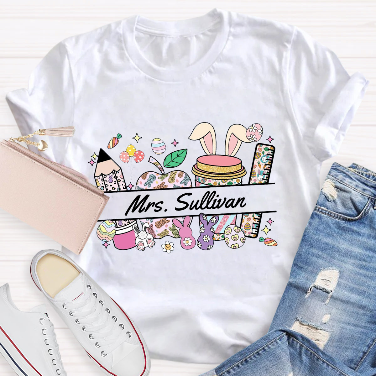 Personalized Name Easter Bunny Teacher T-Shirt