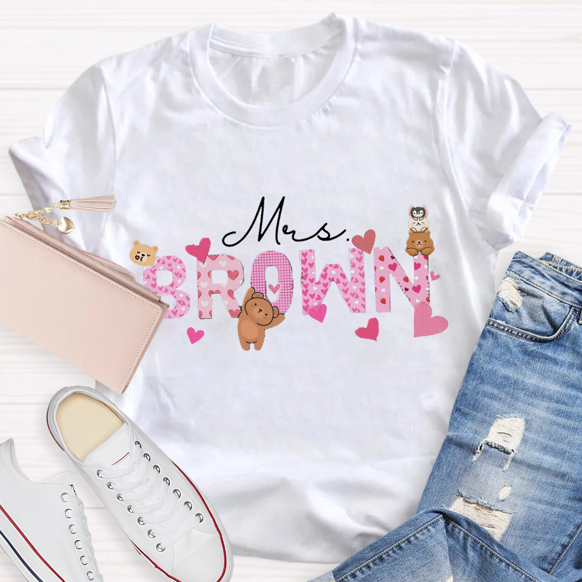 Personalized Name Pink Heart Teacher T-Shirt