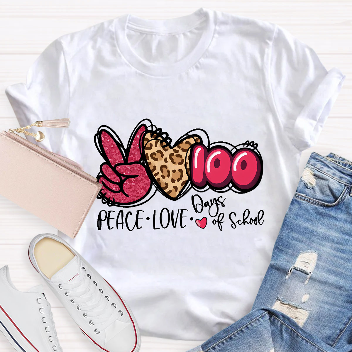 Peace Love 100 Days Of School Teacher T-Shirt