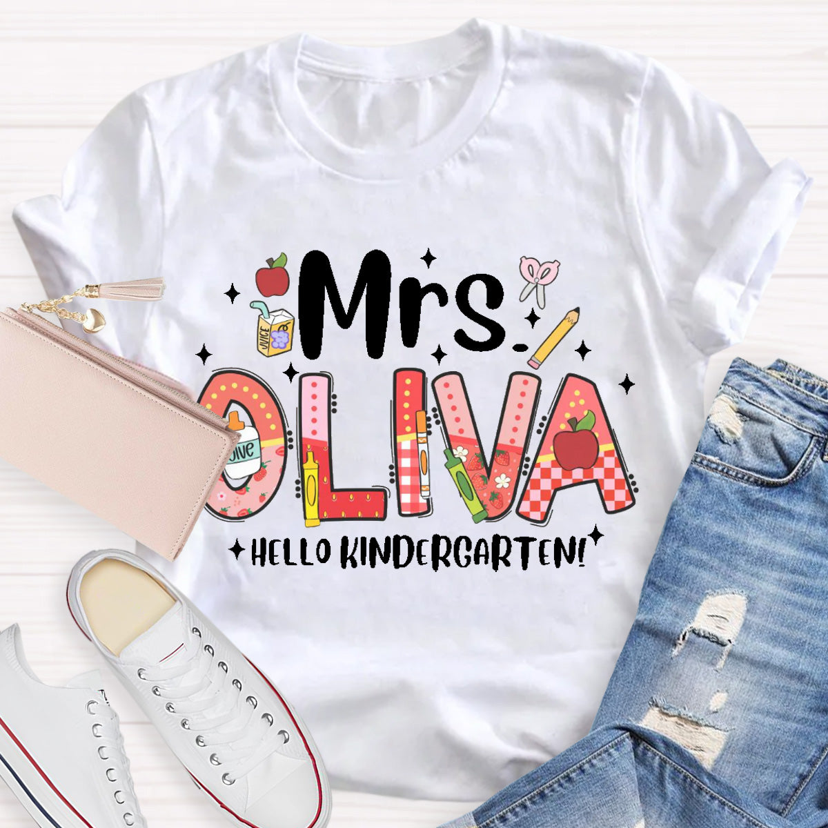 Personalized Name Hello Kindergarten Teacher T-Shirt