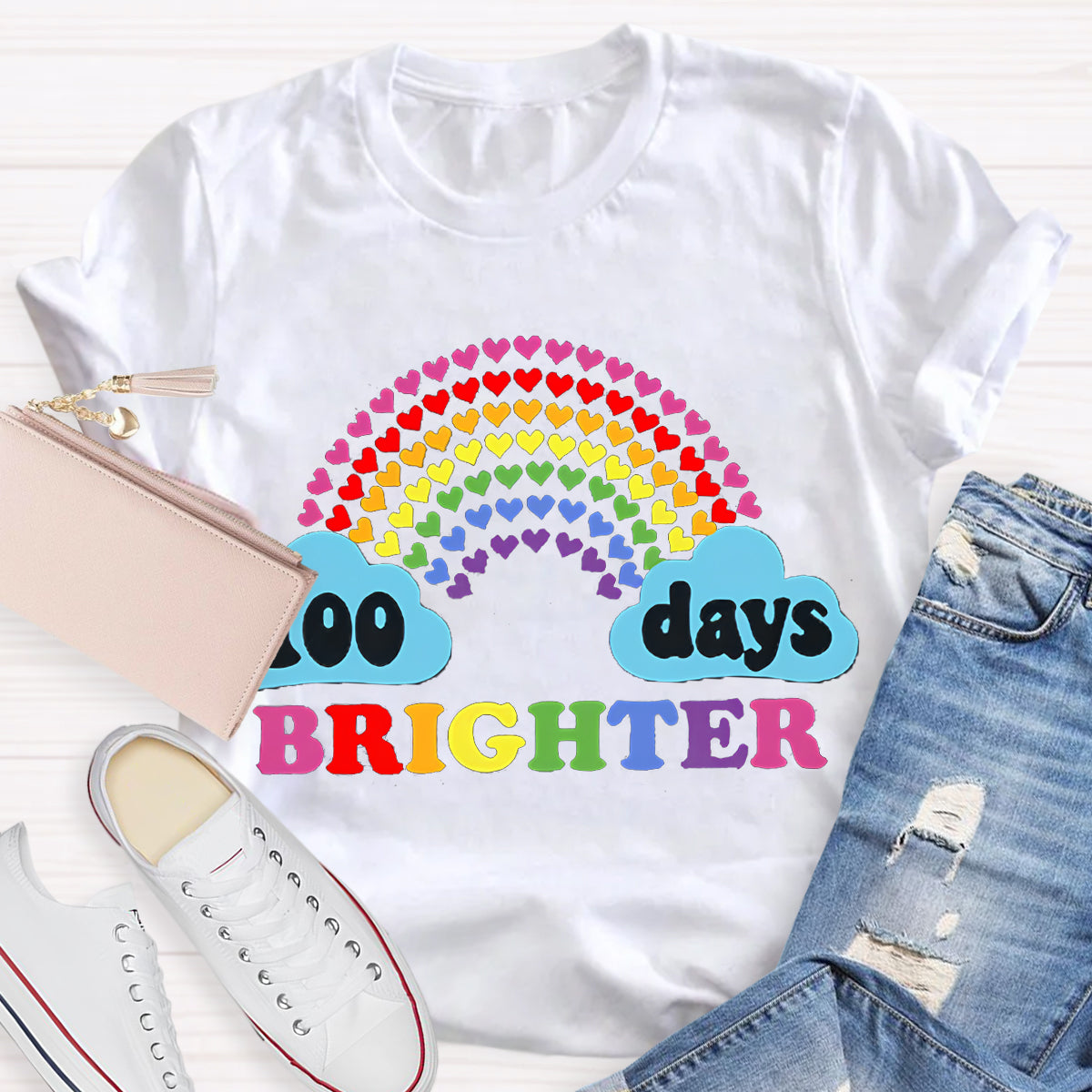 100 Days Brighter Heart Rainbow Teacher T-Shirt