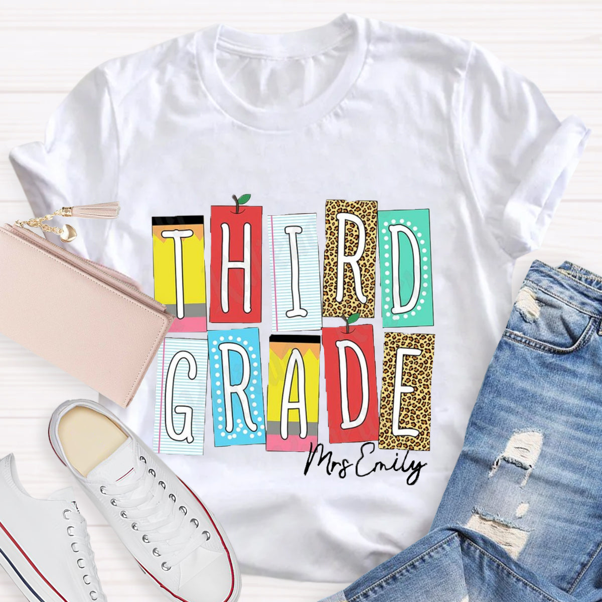 Personalized Grade And Name Leopard Color Block Teacher T-Shirt