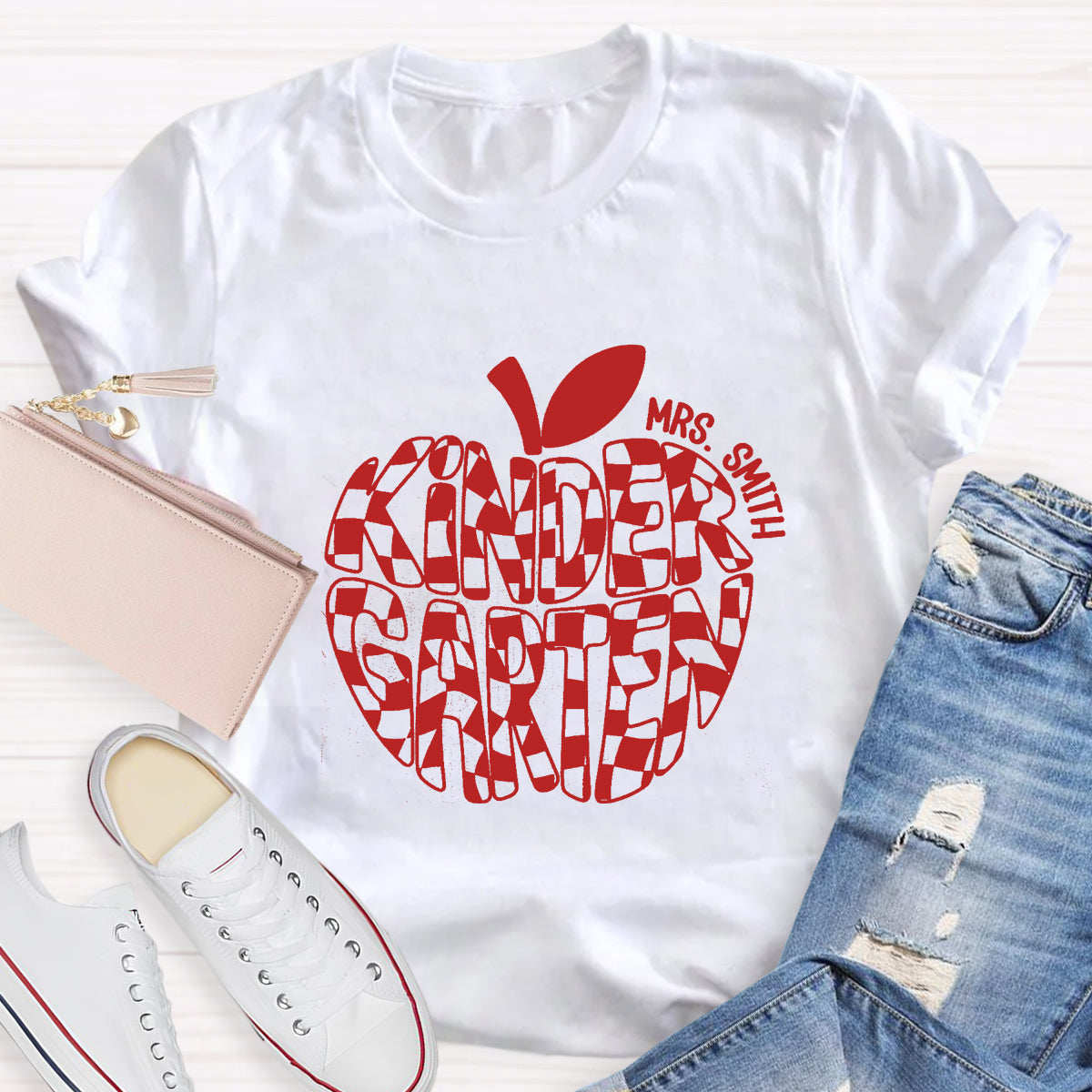 Personalized Name Kinder Garten Teacher Apple T-Shirt