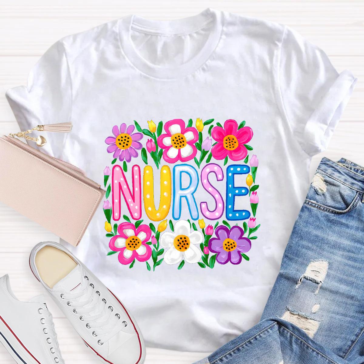 Floral School Nurse T-Shirt