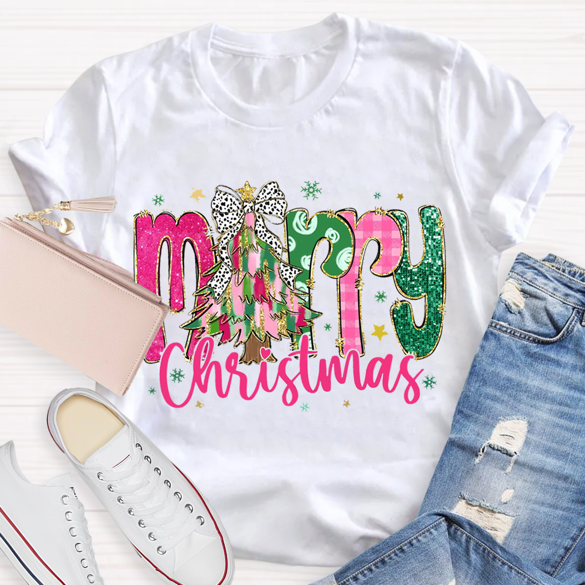 Colorful Glitter Merry Christmas Teacher T-Shirt