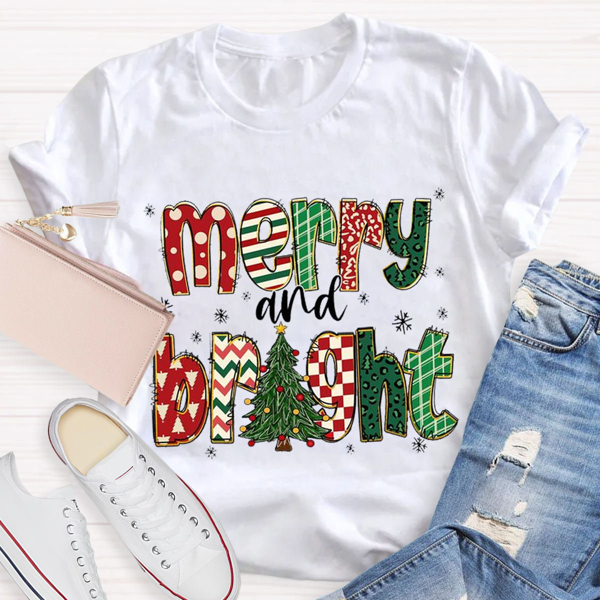 Merry and Bright Retro Christmas Tree Teacher T-Shirt