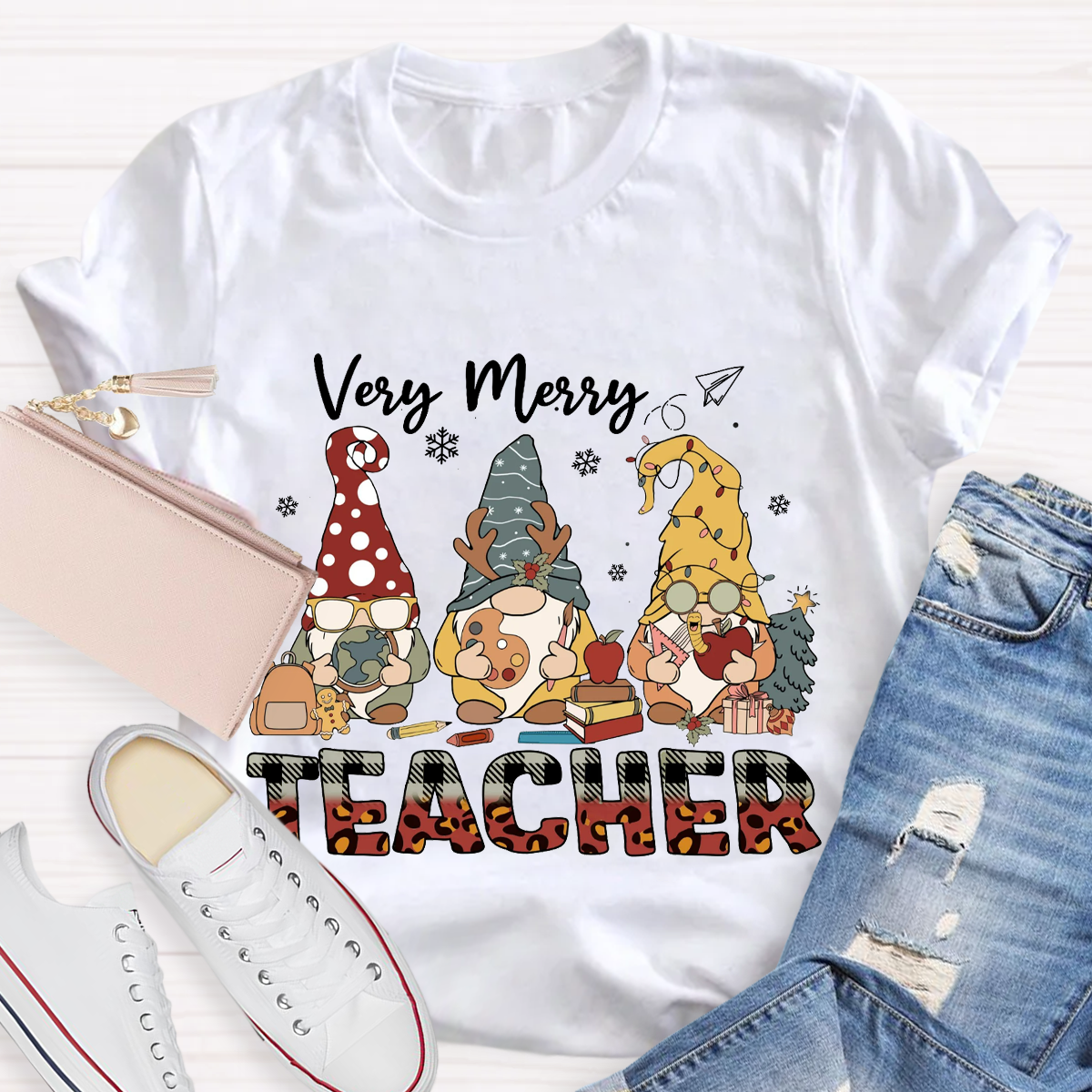 Very Merry Teacher Christmas Gnomes T-Shirt