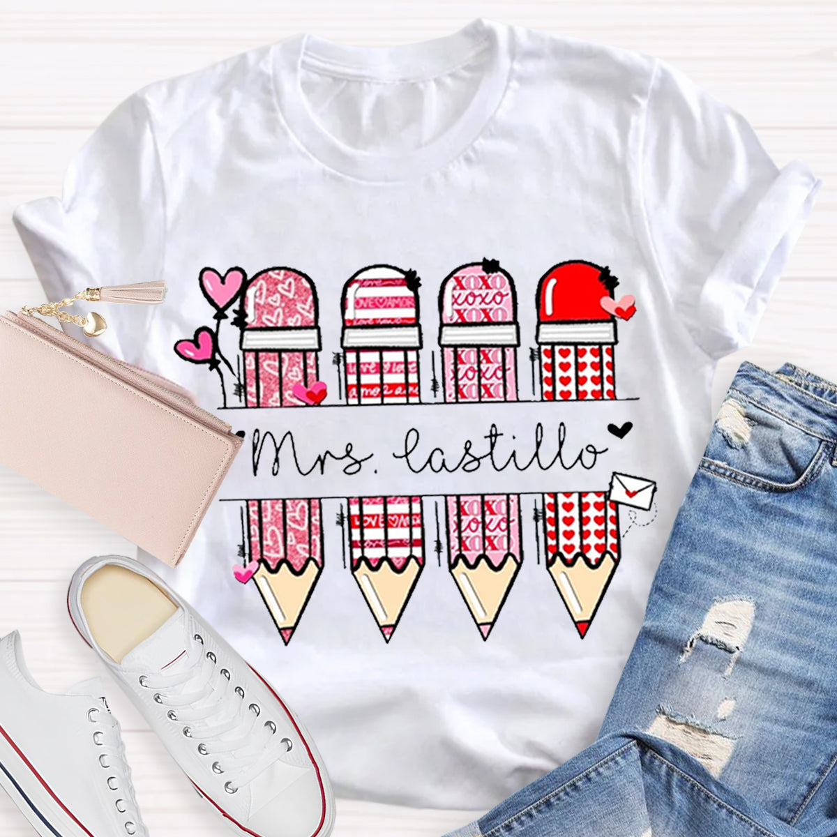 Personalized Teacher Name Pencil Valentines Day T-Shirt