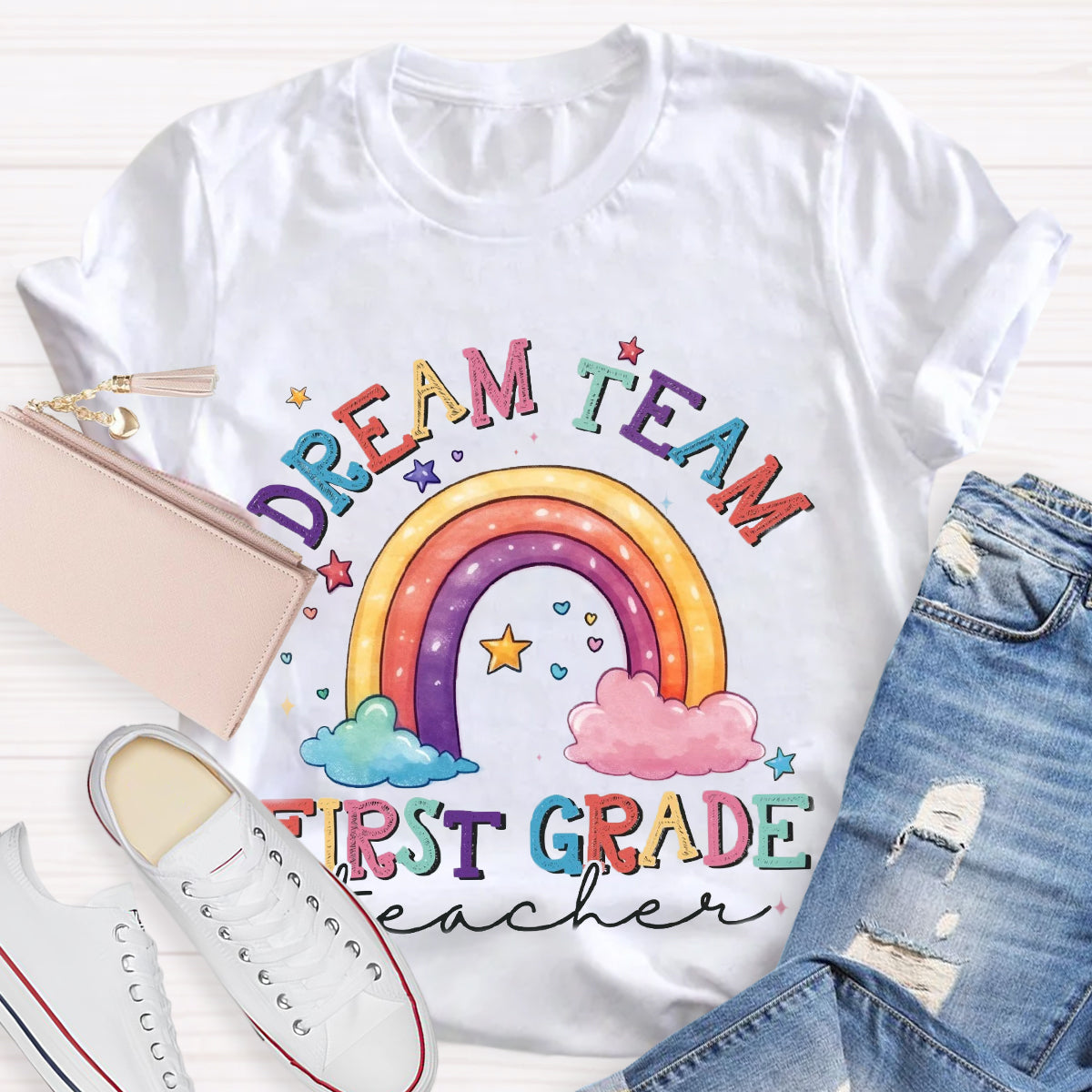 Personalized Grade Dream Team Teacher Rainbow T-Shirt