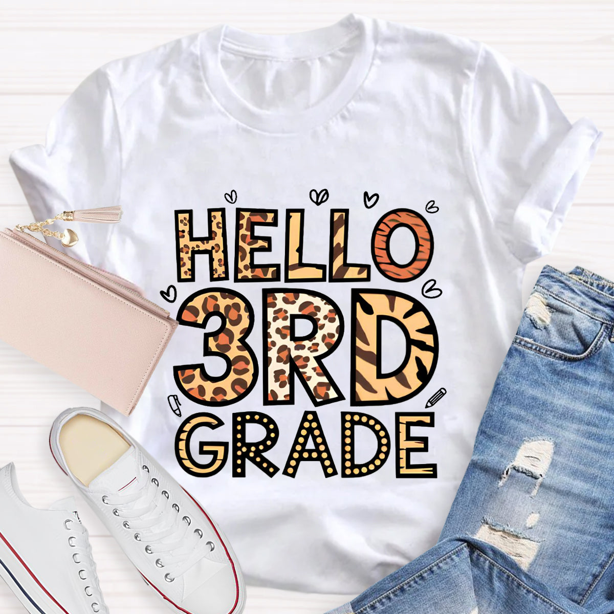 Personalized Grade Hello 3rd Grade Leopard Printed Teacher T-Shirt