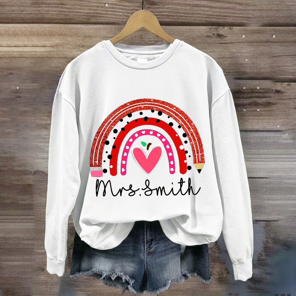 Personalized Name Rainbow Pencil Heart-Shaped Apple Teacher Sweatshirt