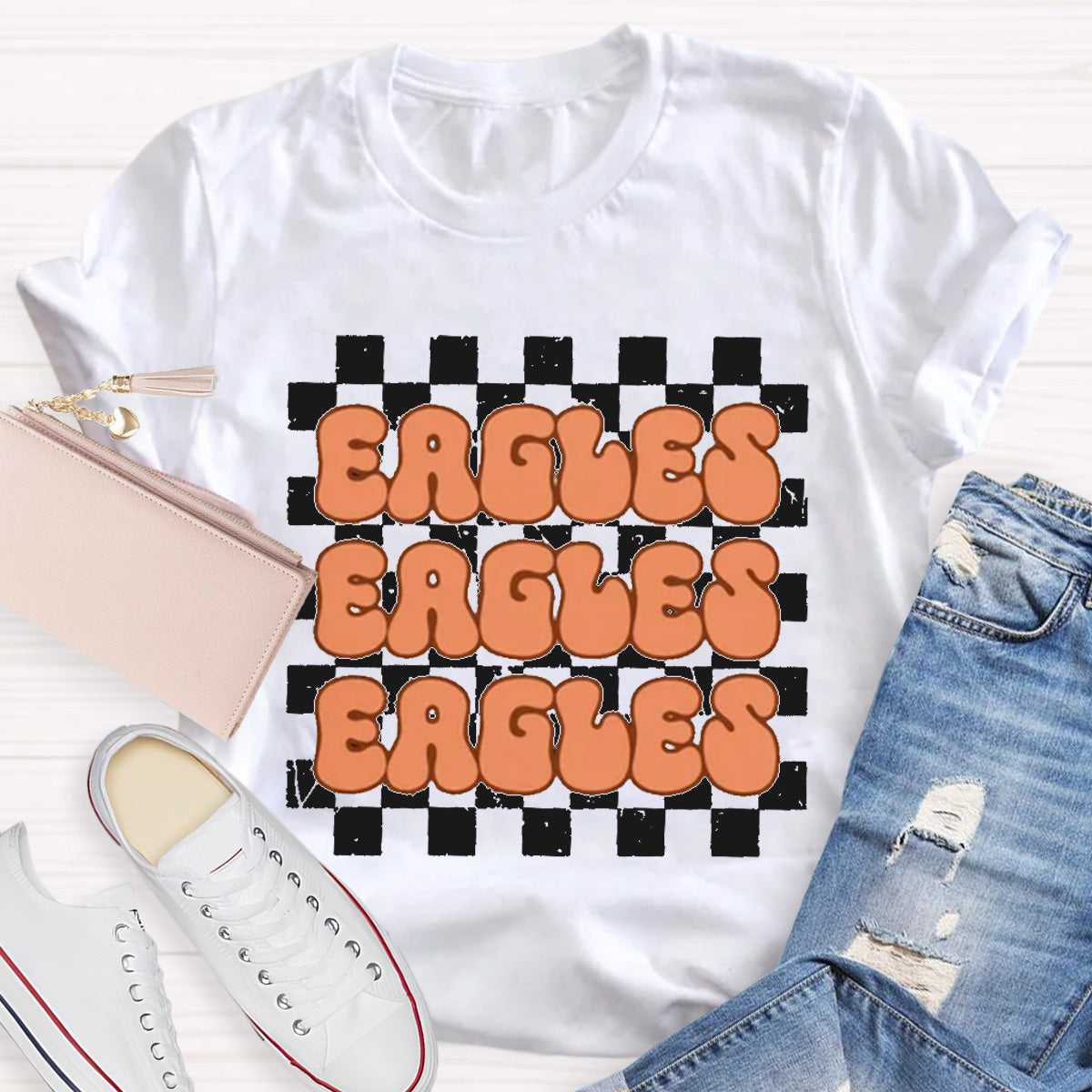 Personalized Mascot Eagles Chessboard pattern Teacher T-Shirt