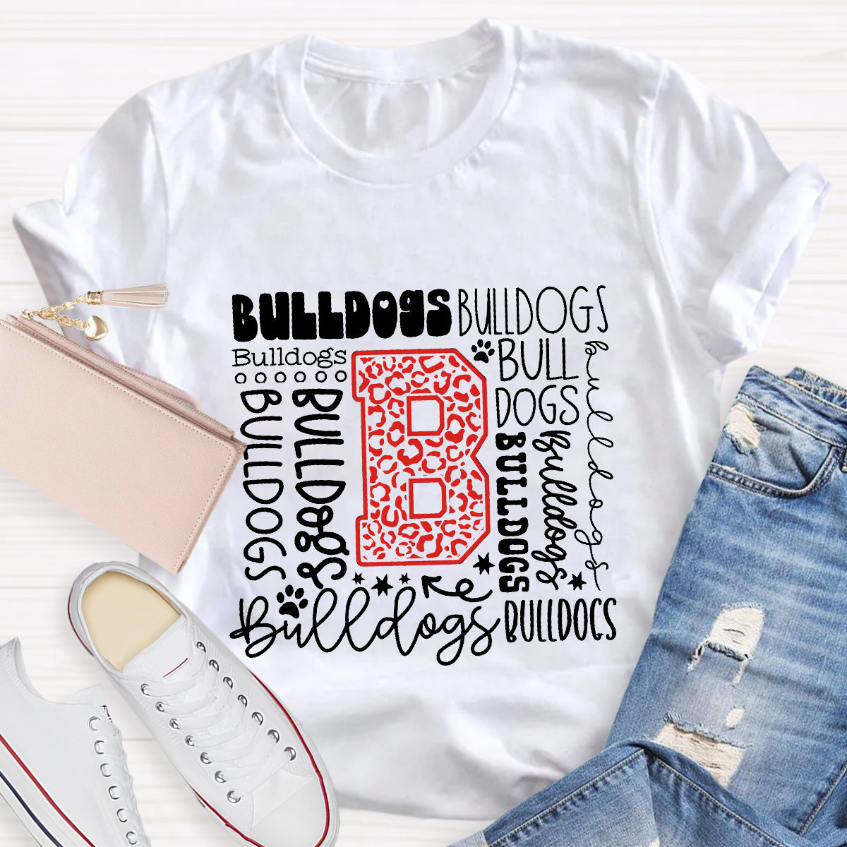 Personalized Mascot Bulldogs Red Printed Teacher T-Shirt