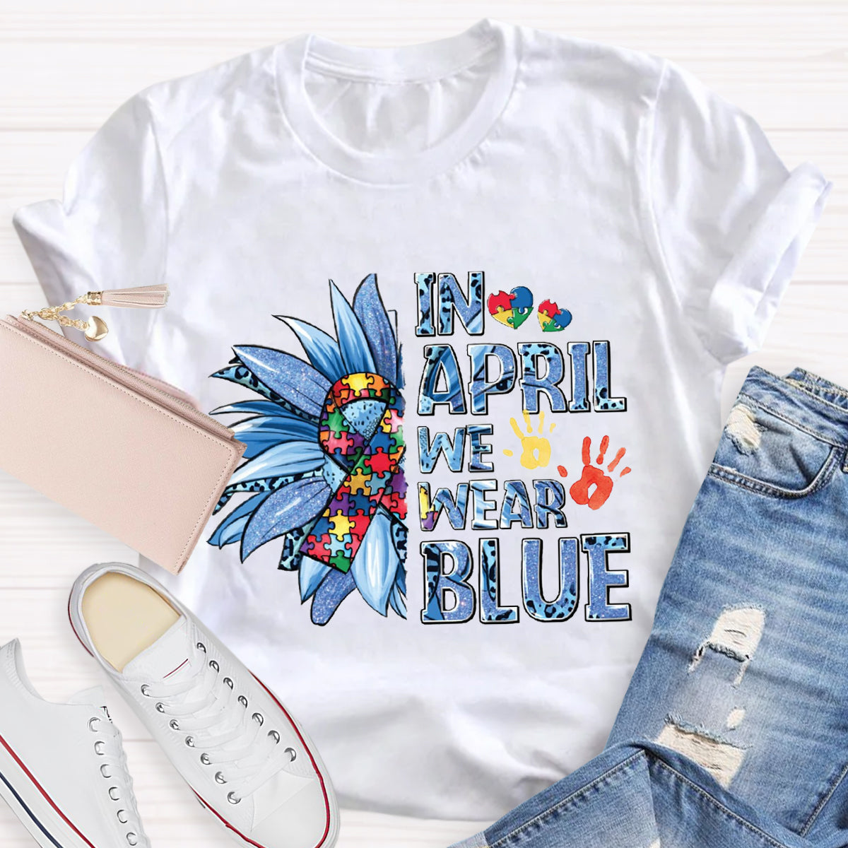 In April We Wear Blue Autism Awareness Puzzle Piece T-Shirt