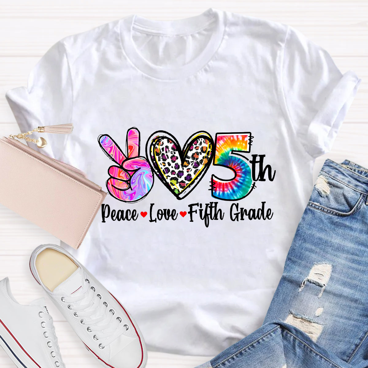 Personalized Grade Peace Love 5th Grade Teacher T-Shirt
