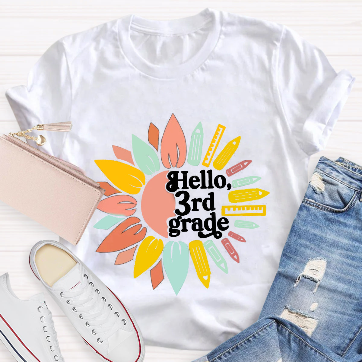 Personalized Grade Hello 3rd Grade Sunlower Teacher T-Shirt