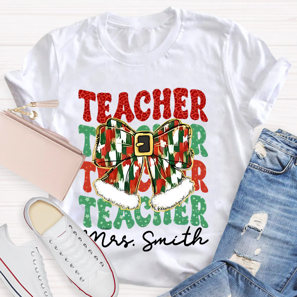 Personalized Name Bow Christmas Teacher T-Shirt