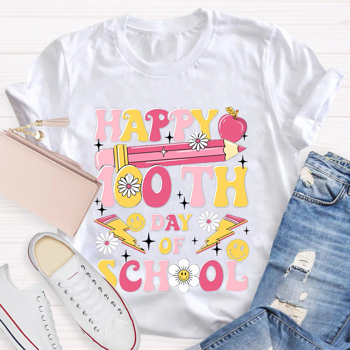 Happy 100 Days Of School Pink Pencil Teacher T-Shirt