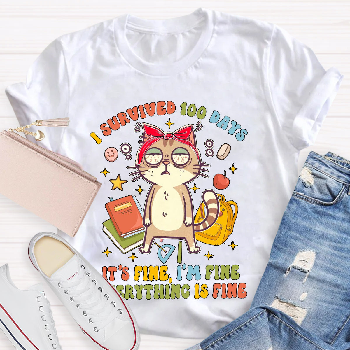 I Survived 100 Days Everything Is Fine Funny Cat  T-Shirt