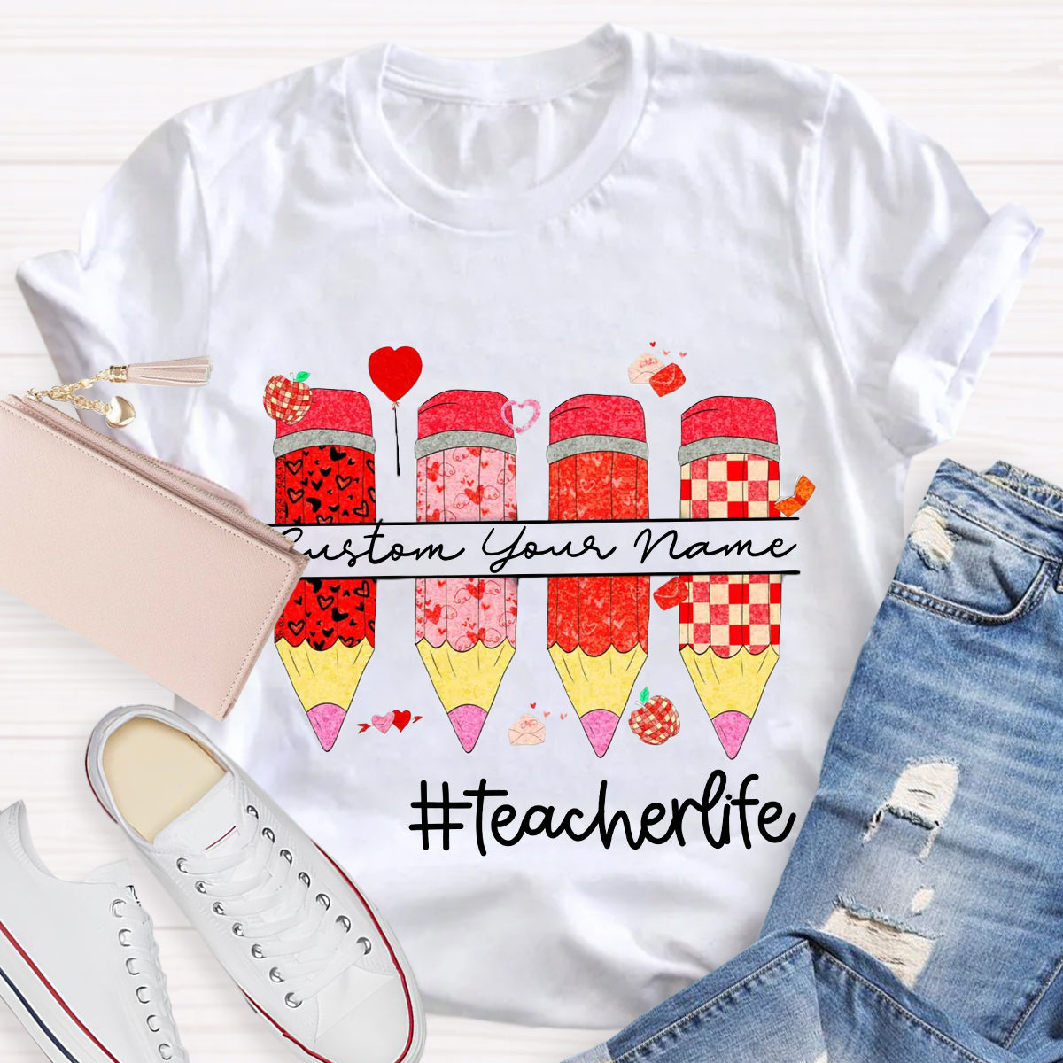 Personalized Name Red Pencil Teacher Life T-Shirt