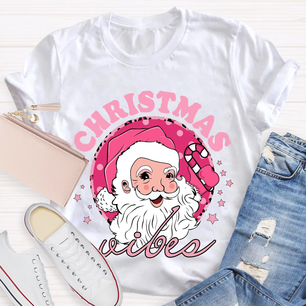 Christmas Vibes Pink Santa Claus T-Shirt