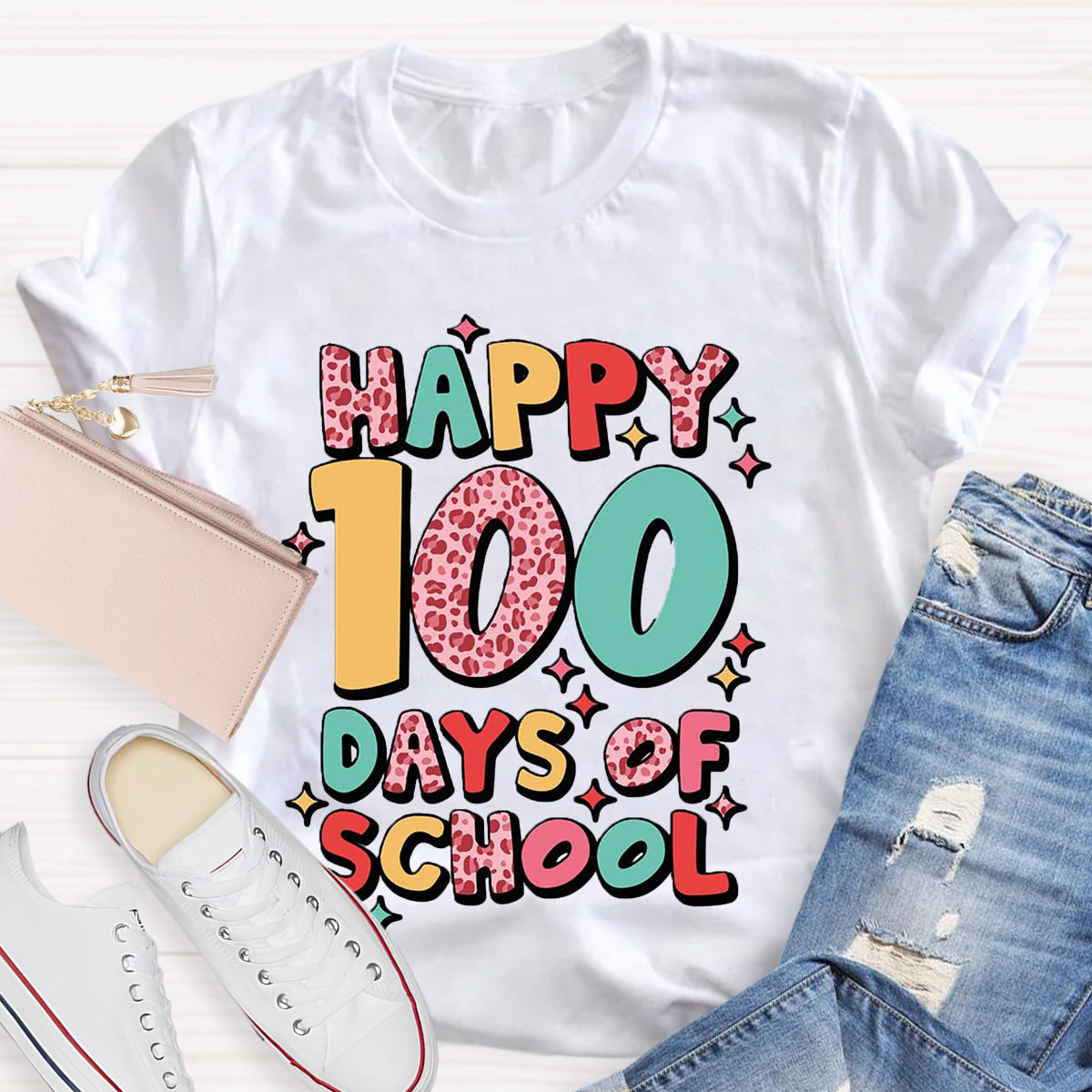 Pink Leopard Happy 100 Days Of School Teacher T-Shirt