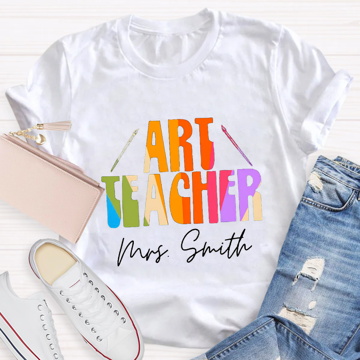 Personalized Name And Art Simple Color Teacher T-Shirt