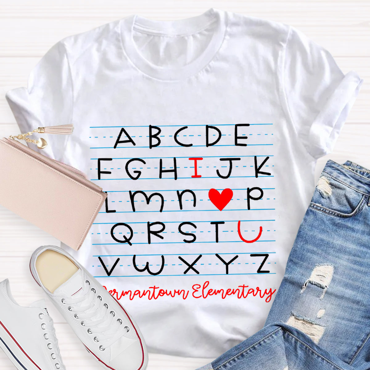 Personalized School Name I Love You Alphabet Teacher T-Shirt