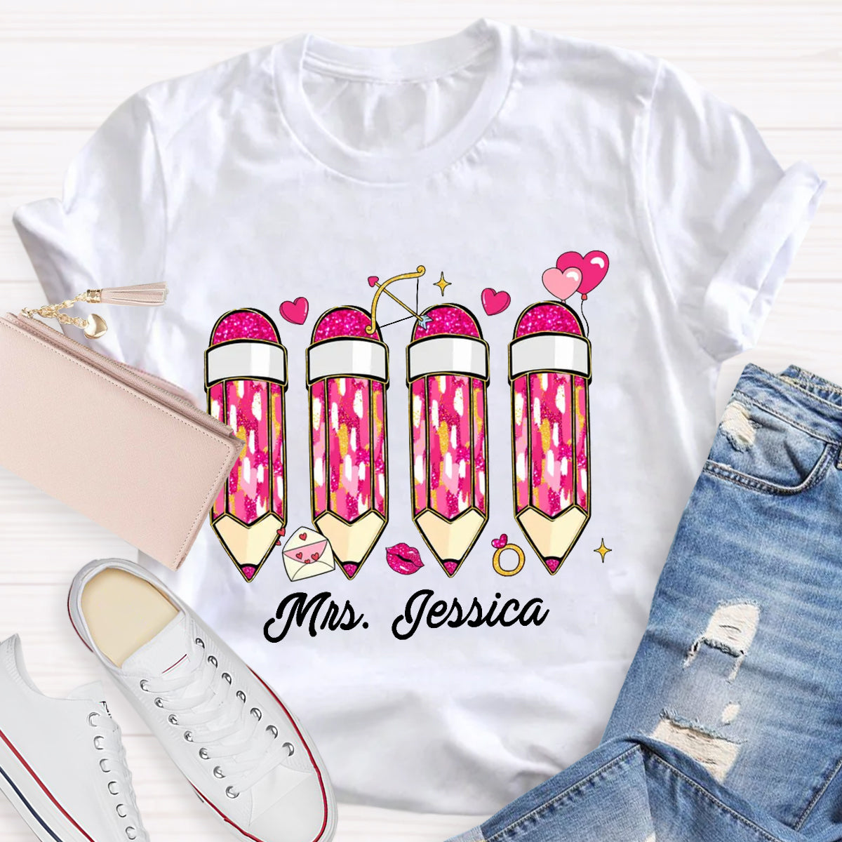 Personalized Name Pink Pencil Teacher T-Shirt