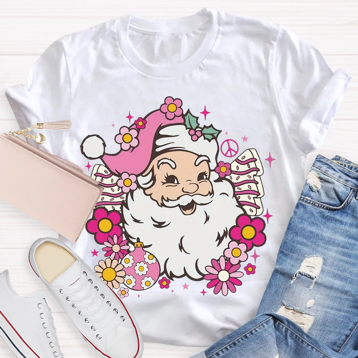 Hippie Santa Groovy Peace Christmas Teacher T-Shirt