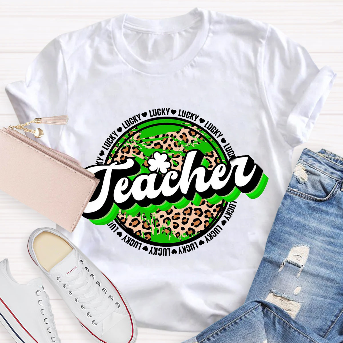 St. Patrick's Day Lucky Leopard Shamrock Teacher T-Shirt