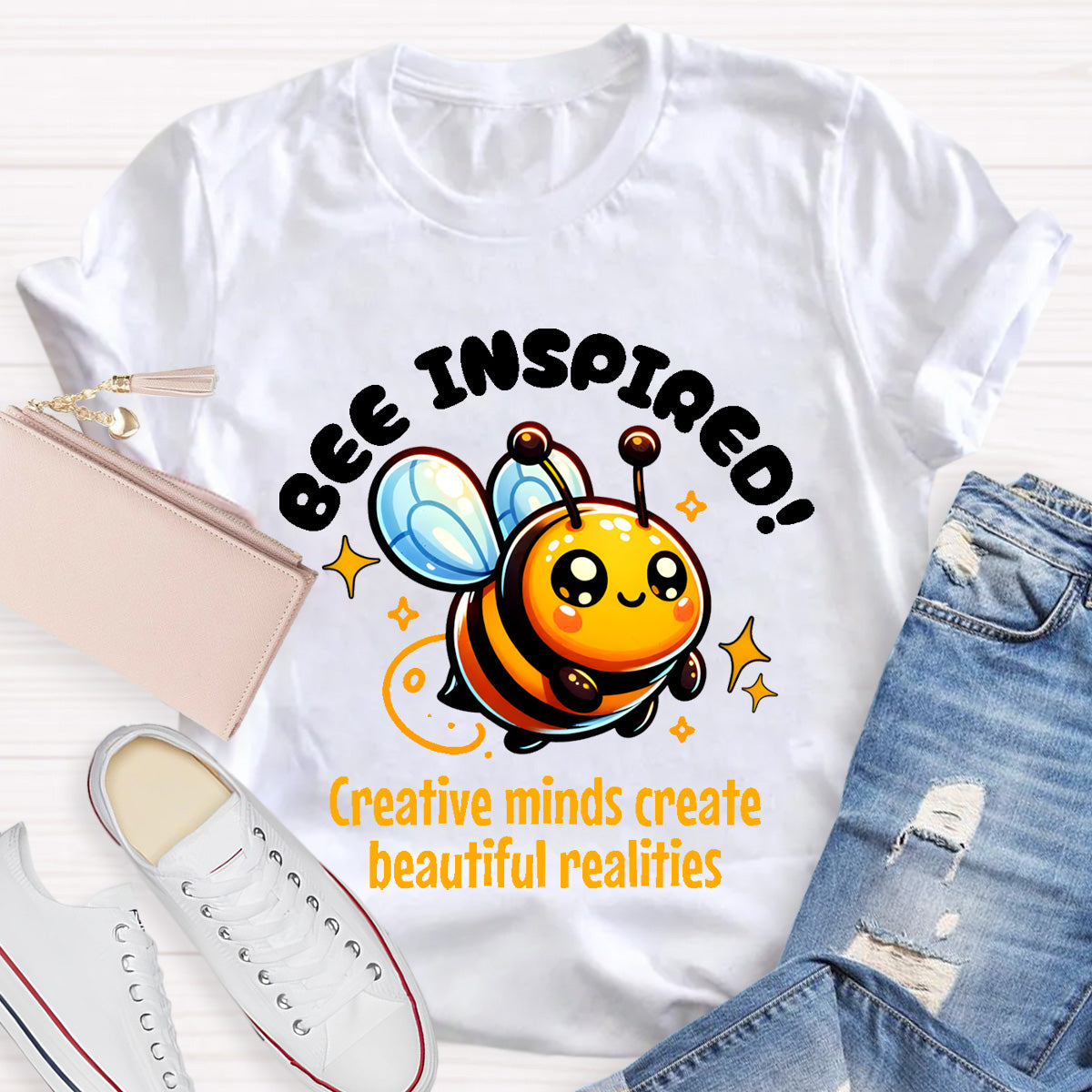 Bee Inspired Creative Minds Create Beautiful Realities Teacher T-Shirt