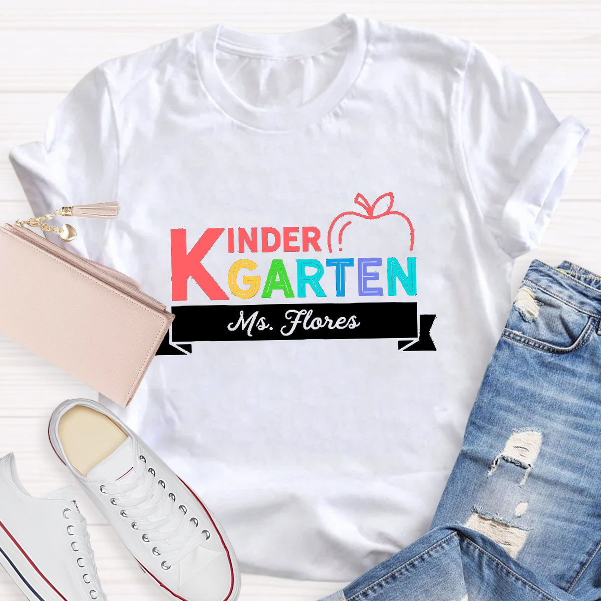Personalized Kindergarten Teacher's Name  Apple Printed T-Shirt