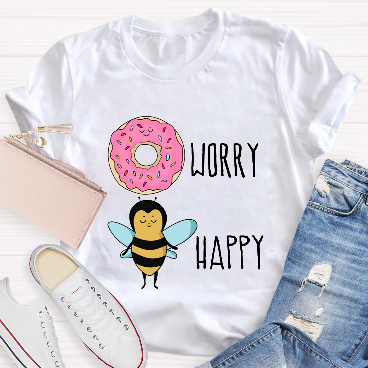 Donut Worry Bee Happy Funny T-Shirt