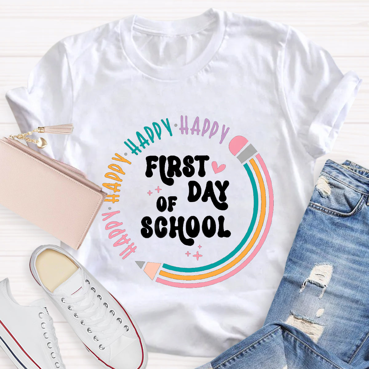 Happy First Day Of School Pencil Circle Teacher T-Shirt