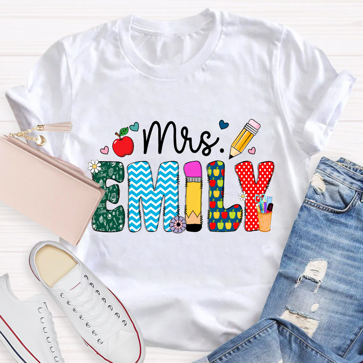 Personalized Name Beautiful Flower Emily Teacher T-Shirt