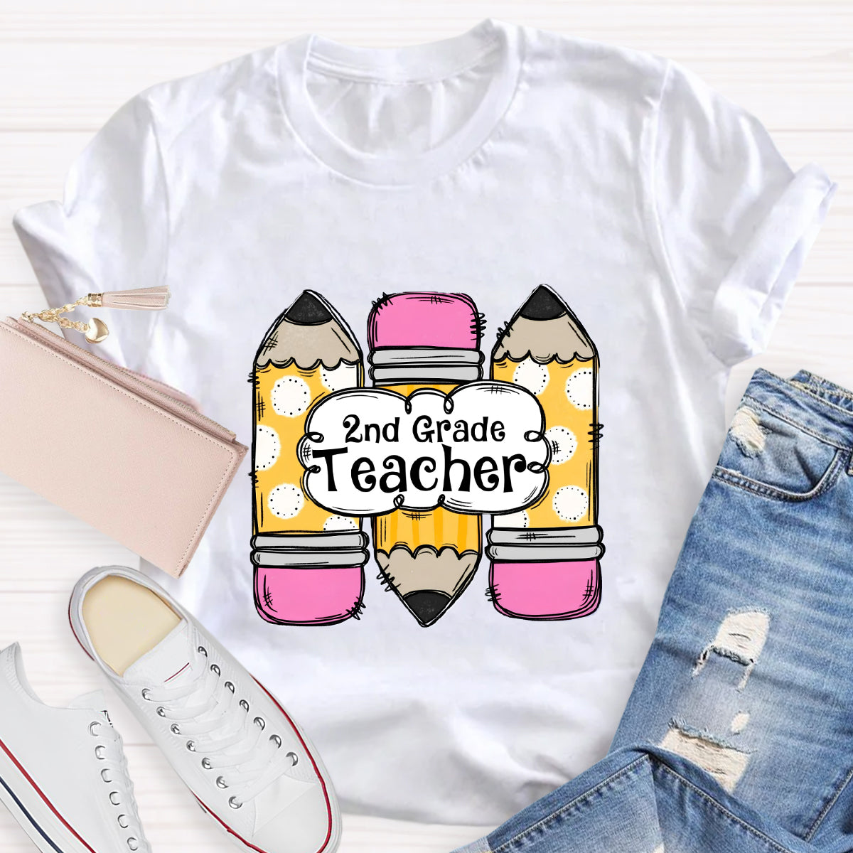 Personalized Grade Pink Pencil Printed 2nd Grade Teacher T-Shirt