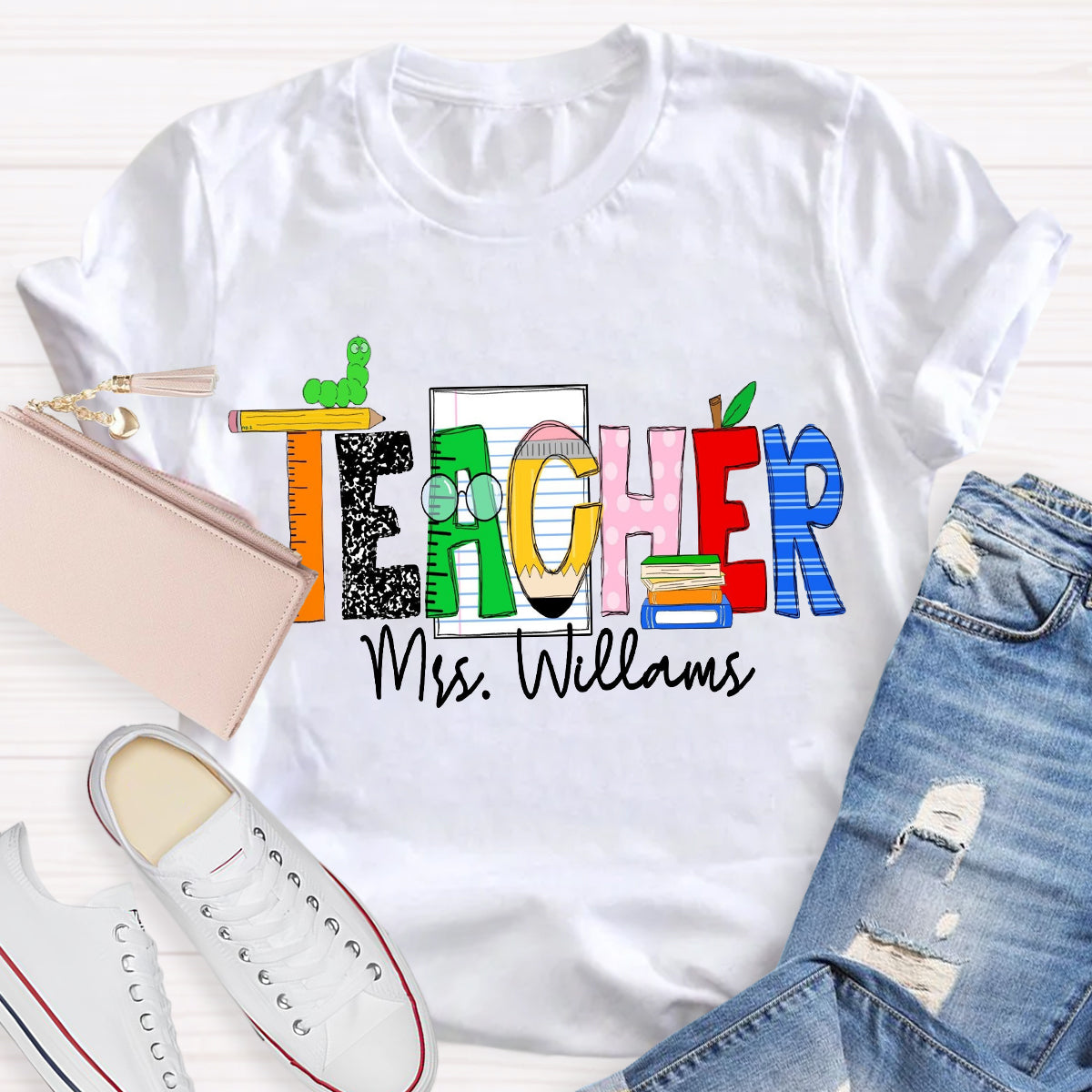 Personalized Teacher Name Caterpillar Exploring Knowledge Teacher T-Shirt