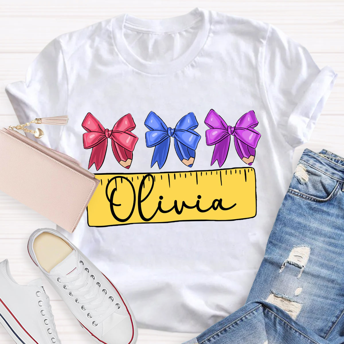 Personalized Name Bow Ruler Print Teacher T-Shirt