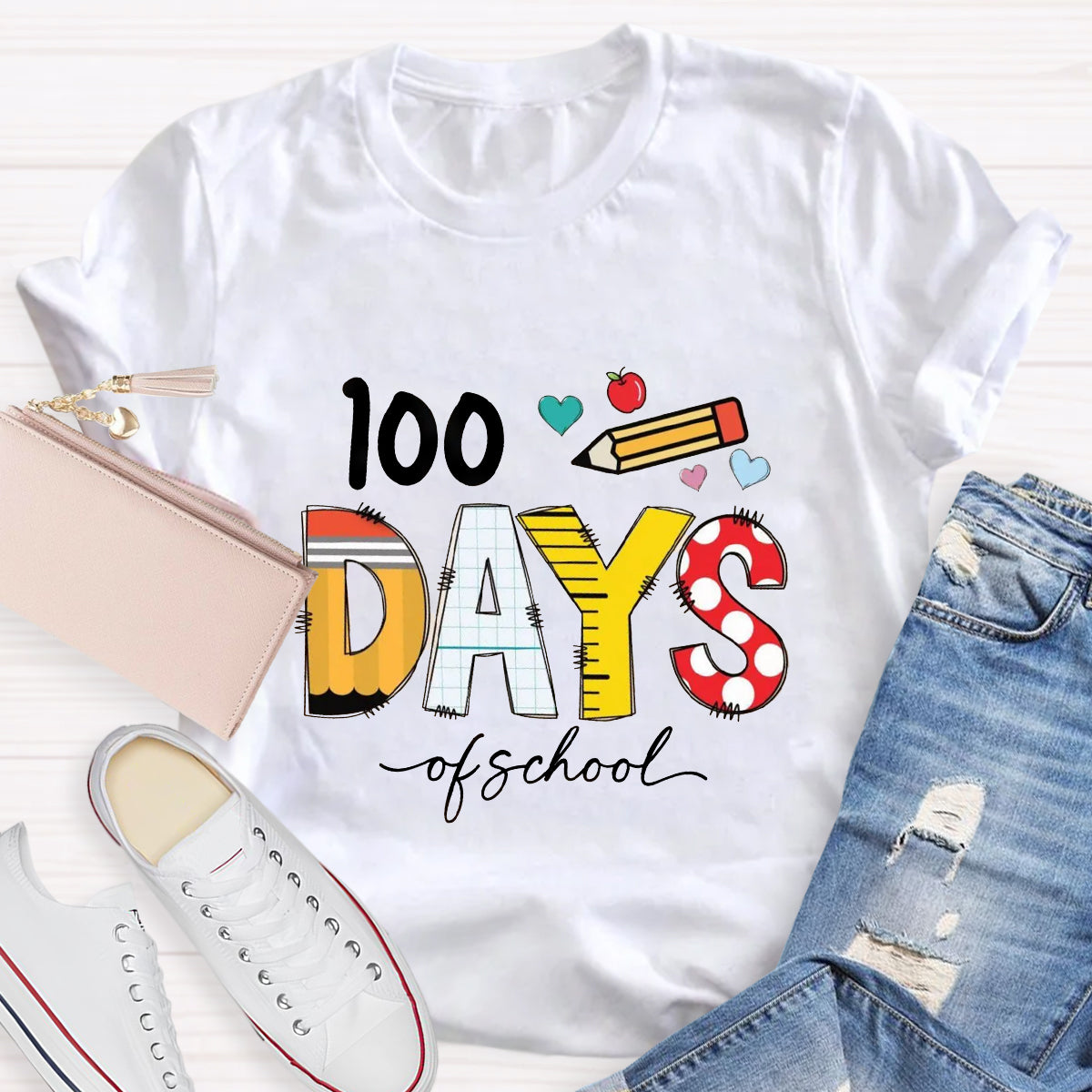 100 Days Of School Pencil Apple Teacher T-Shirt