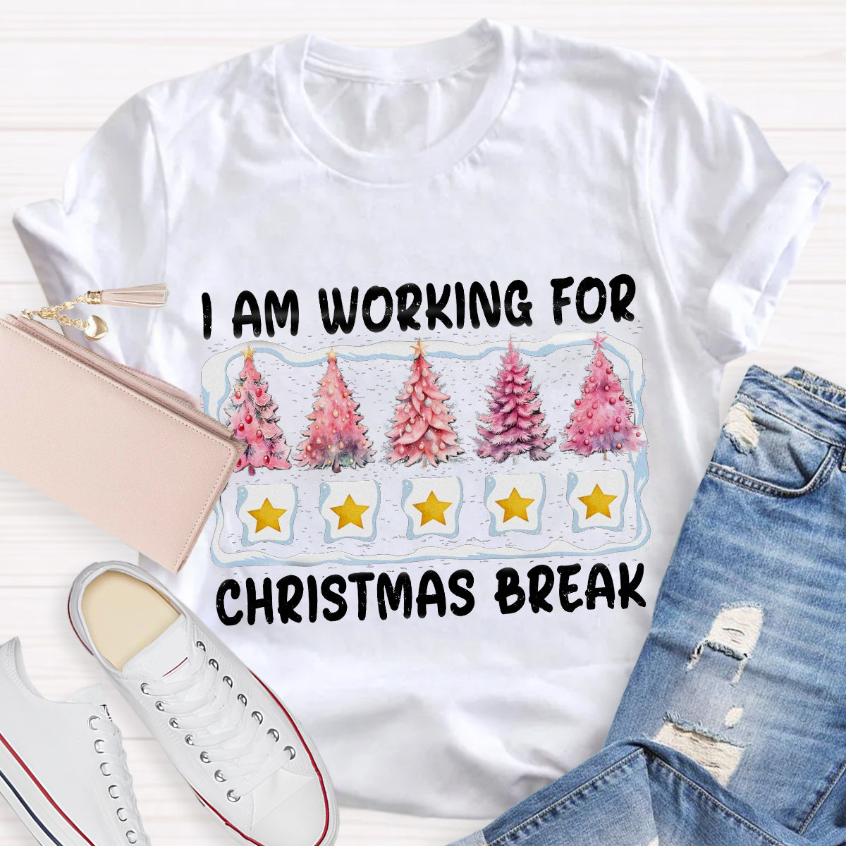 I'm Working For Christmas Break Pink Tree T-Shirt