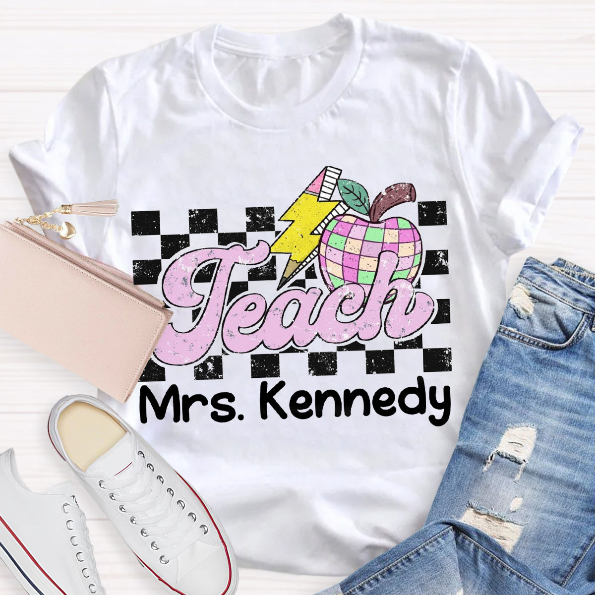 Personalized Teacher Name Retro Checkered Teacher T-Shirt