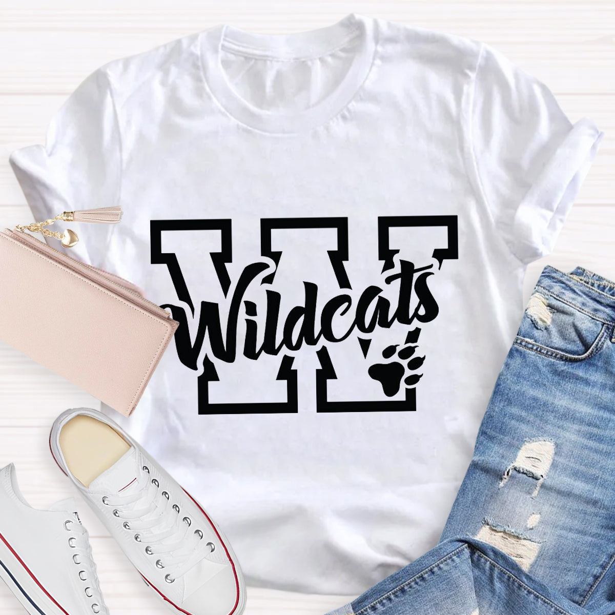 Personalized School Mascot Wildcats Black Letters Teacher T-Shirt