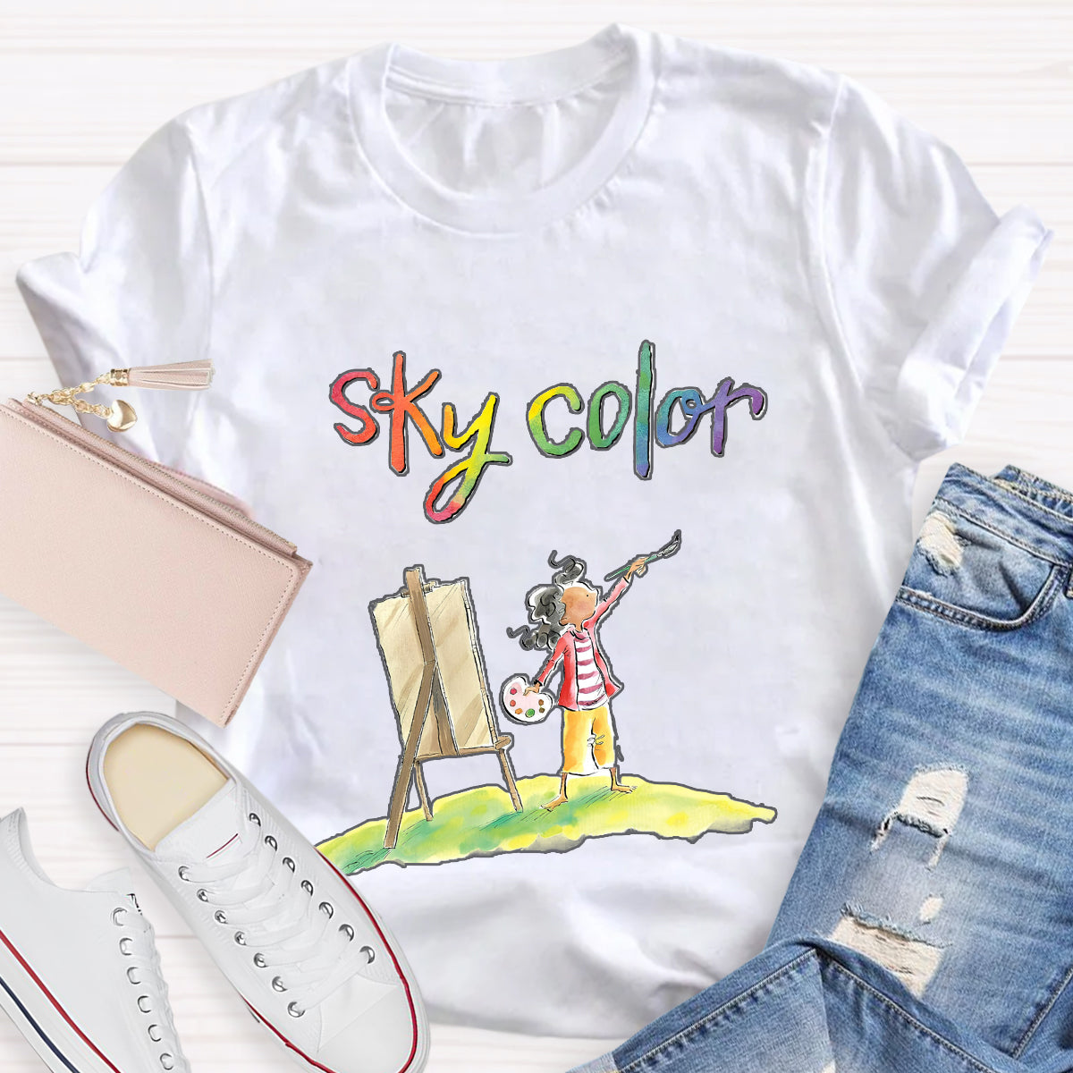 Sky Color Printing Teacher T-Shirt