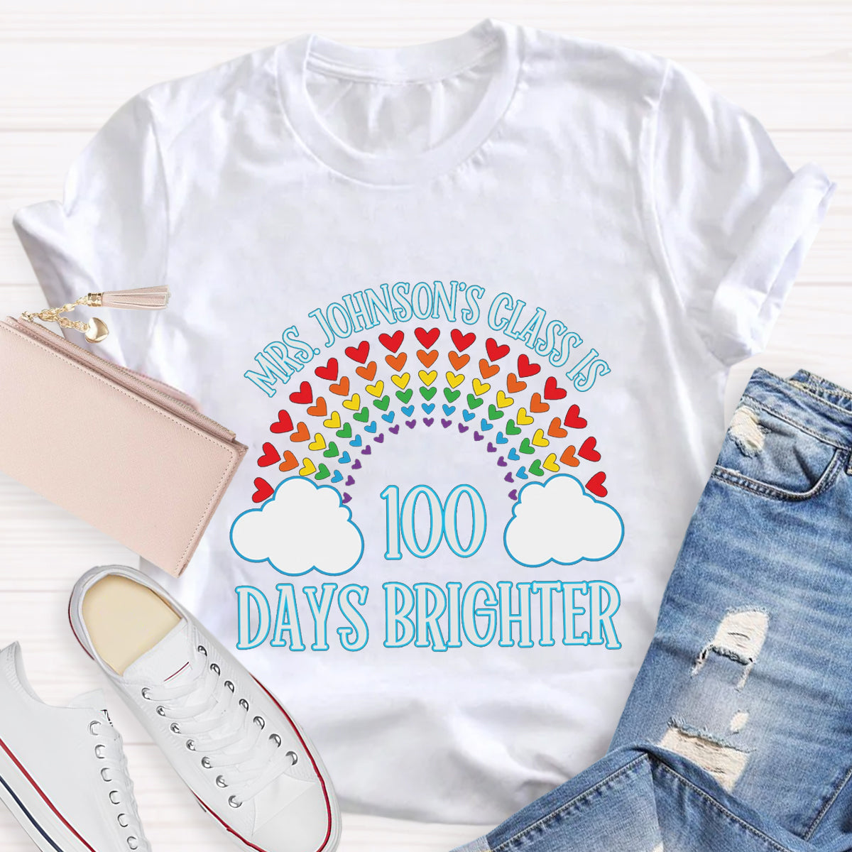 Personalized Name Teacher Class 100 Days Brighter T-Shirt